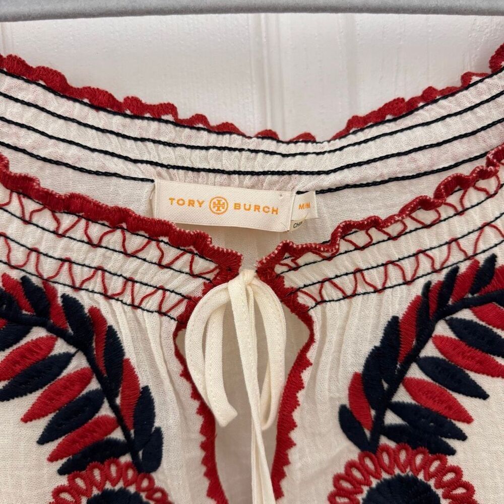 Tory Burch Mari Peasant Top Size Medium Embroidered Floral Cream Red - Picture 4 of 8
